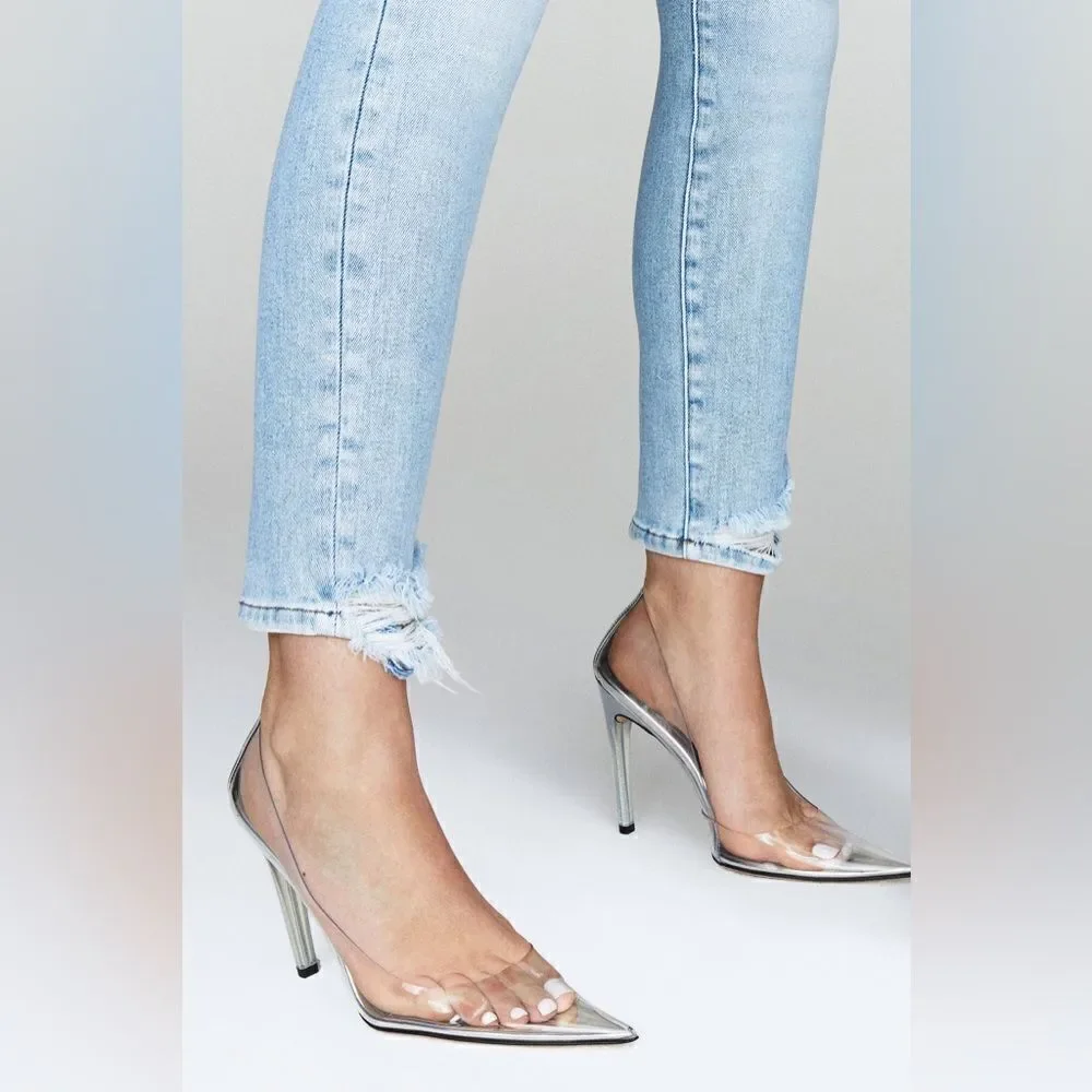 Good American Clear PVC Pointed Toe Stiletto Heels with Silver Trim